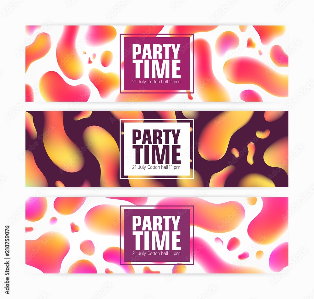 Poster Bundle of stylish horizontal web banner templates with futuristic holographic texture and place for text. Modern colorful vector illustration for party announcement, event promotion, advertisement.