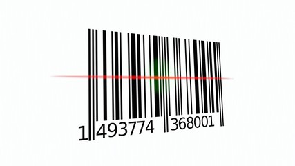 Scanning a barcode with a reader. Red scanline and green confirmation dot when the stripes are decoded. Clean close-up shot.
