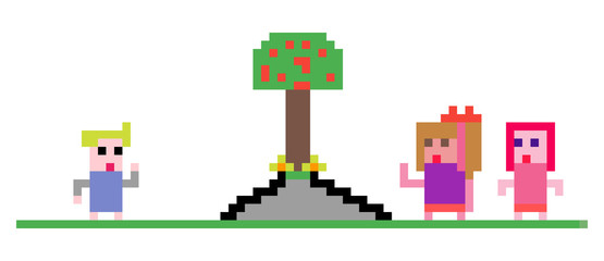 Pixel art: three kids meeting at a park near a tree carrying ripe red fruits.
