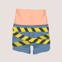 Men's groin coiled with barricade or caution tape. Concept of impotence, erectile dysfunction or malfunction, inability to obtain penile erection during sexual activity. Colored vector illustration.