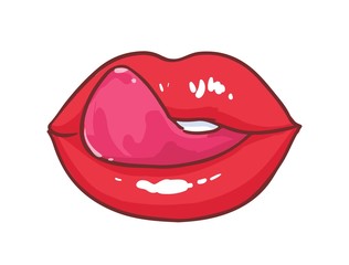 Obraz premium Beautiful plump glossy lips and tongue licking it isolated on white background