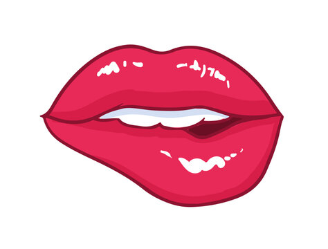 Sexy mouth with bright red glossy bitten lips isolated on white background