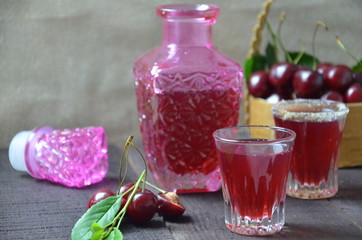 Cherry Drink Mulled Wine, horizontal, selective focus. cherry alcohol tincture. liquor
