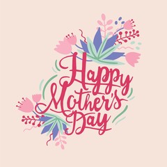 Happy Mother's Day wish handwritten with elegant cursive font and decorated by tulip flowers. Beautiful festive inscription isolated on light background. Decorative vector illustration for postcard.