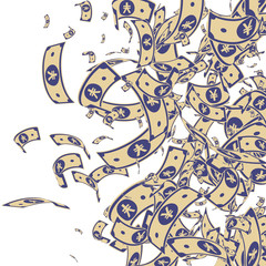 Chinese yuan notes falling. Messy CNY bills on white background. China money. Dramatic vector illust
