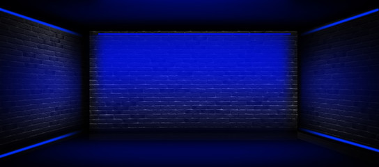 Background of an empty corridor with brick walls and neon light. Brick walls, neon rays and glow
