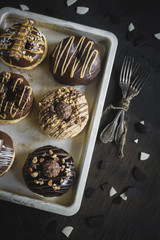 Group of sweet chocolate and homemade donuts,selective focus