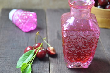 Cherry Drink Mulled Wine, horizontal, selective focus. cherry alcohol tincture. liquor