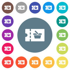 shopping discount coupon flat white icons on round color backgrounds