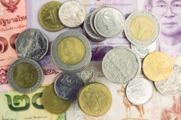 close-up Thai Baht Coins background. Thailand money