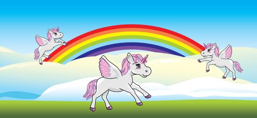 Playful unicorns on a rainbow