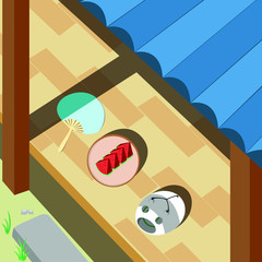 すいかとうちわで夏を感じる軒先