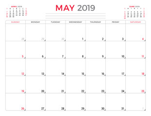 May 2019. Calendar planner stationery design template. Vector illustration. Week starts on Sunday