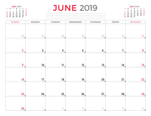 June 2019. Calendar planner stationery design template. Vector illustration. Week starts on Sunday