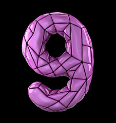 Number 9 nine in low poly style pink color isolated on black background. 3d