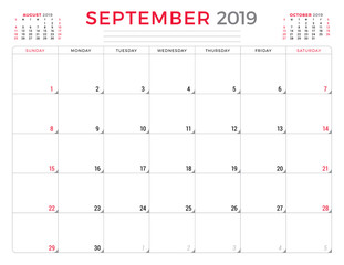 September 2019. Calendar planner stationery design template. Vector illustration. Week starts on Sunday
