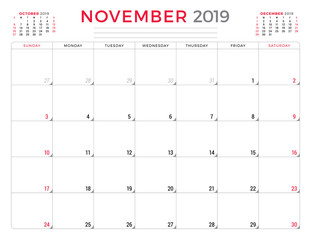 November 2019. Calendar planner stationery design template. Vector illustration. Week starts on Sunday