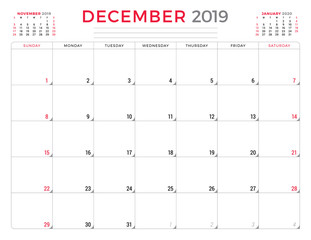 December 2019. Calendar planner stationery design template. Vector illustration. Week starts on Sunday