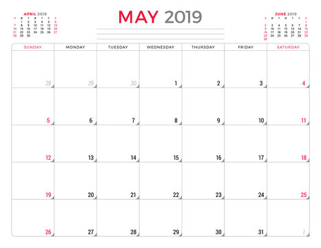 May 2019. Calendar planner stationery design template. Vector illustration. Week starts on Sunday