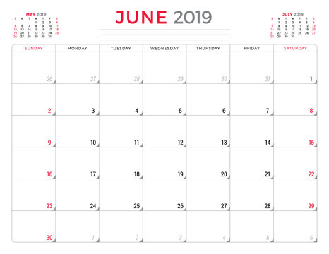 June 2019. Calendar planner stationery design template. Vector illustration. Week starts on Sunday