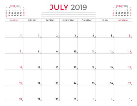 July 2019. Calendar planner stationery design template. Vector illustration. Week starts on Sunday