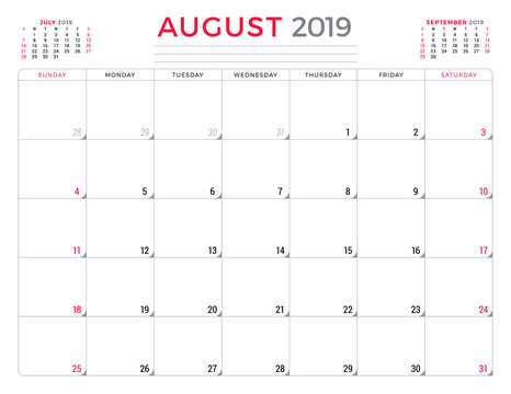 August 2019. Calendar planner stationery design template. Vector illustration. Week starts on Sunday