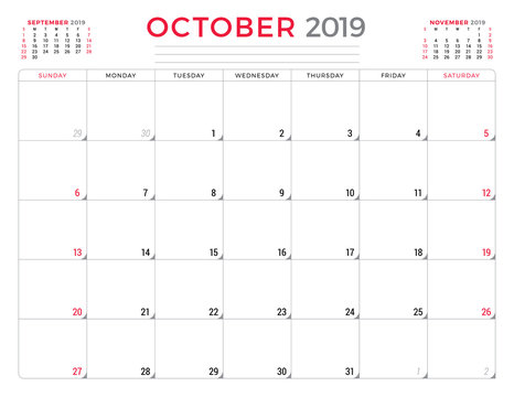 October 2019. Calendar planner stationery design template. Vector illustration. Week starts on Sunday