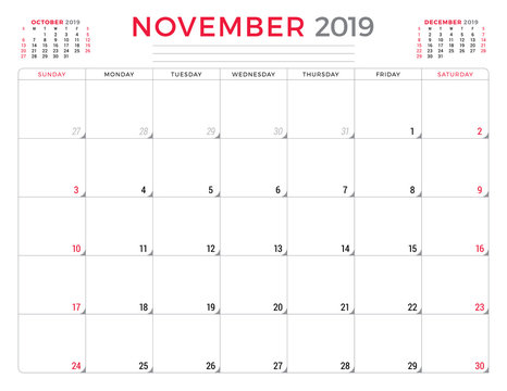 November 2019. Calendar planner stationery design template. Vector illustration. Week starts on Sunday