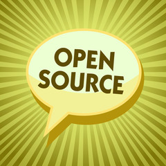 Conceptual hand writing showing Open Source. Business photo showcasing denoting software which original source code freely available Yellow speech bubble message rays shadow important intention.