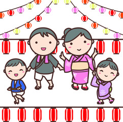 夏祭りで踊る浴衣を着た家族のイラスト