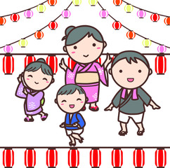 夏祭りで踊る浴衣を着た家族のイラスト