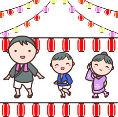 夏祭りで踊る浴衣を着た家族のイラスト