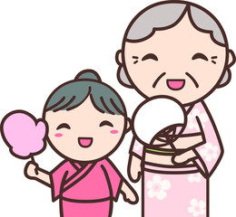 浴衣を着たおばあちゃんと女の子