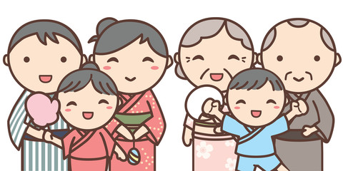 浴衣を着た2世帯家族のイラスト