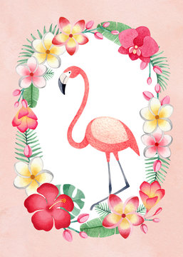 Watercolor  tropical floral wreath and a flamingo. Perfect for greeting card or invitation