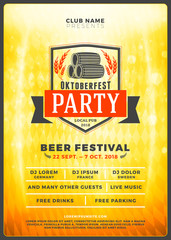 Oktoberfest beer festival celebration. Typography poster or flyer template for beer party. Vintage beer label on the golden beer background with light effects