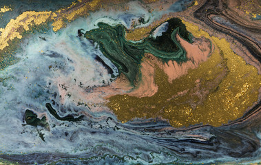 Marble abstract acrylic background. Marbling artwork texture. Agate ripple pattern. Gold powder.