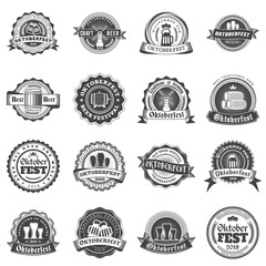 Beer festival Oktoberfest celebrations. Set of retro vintage beer badges, labels, logos for bar, pub, beer party. Vector design elements. Black on white background