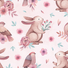 Aquarel illustraties van vogels en konijnen. Naadloos patroon