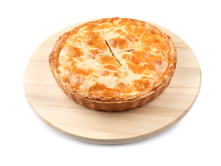 Tasty homemade apple pie on white background