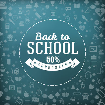 Back to school typographic badge in blackboard. Vector background with flat style school icons. Sale banner