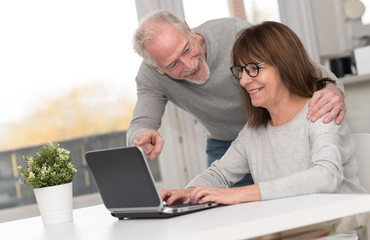 Happy mature couple having a good surprise on laptop