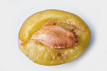 Grapholita funebrana, plum fruit moth larva inside the plum