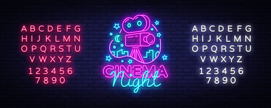 Cinema Night Neon Logo Vector. Movie Night neon sign, design template, modern trend design, night neon signboard, night light advertising, light banner, light art. Vector. Editing text neon sign