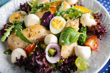 Tasty salad with chicken, vegetables and herbs on plate, closeup