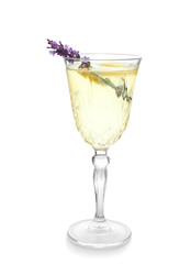 Fresh lavender lemonade in glass on white background