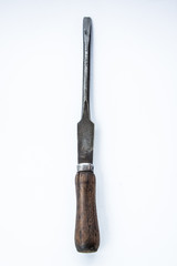 old vintage screwdrive handle for wood working on the whtite background, Isolate carpenter tool for industrial woodden