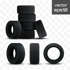 Tires set. 3d realistic car tires isolated on white. Vector - obrazy, fototapety, plakaty