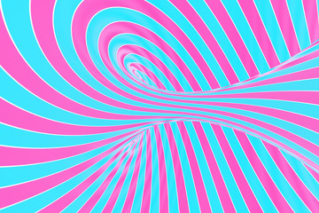 Confection festive pink and blue spiral tunnel. Striped twisted lollipop optical illusion. Abstract background. 3D render.