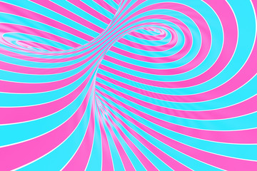 Confection festive pink and blue spiral tunnel. Striped twisted lollipop optical illusion. Abstract background. 3D render.